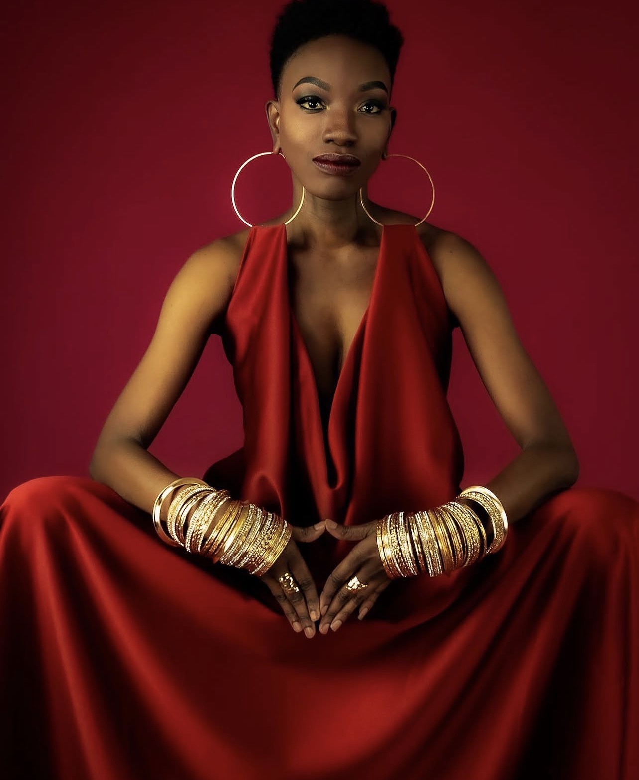Model in a red evening gown